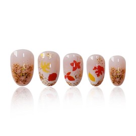 Fall Press on Nails Short Almond Fake Nails with Maple Leaf Designs Glossy Gold Glitter Stick on Nails Autumn False Nail Reusable Sequins Holiday Glue on Nail for Women Girls Manicure 24Pcs