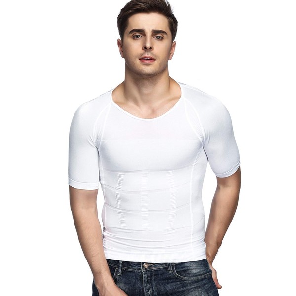 Odoland Men's Body Shaper Slimming Shirt Tummy Vest Thermal Compression Base Layer Slim Muscle Short Sleeve Shapewear, White XL