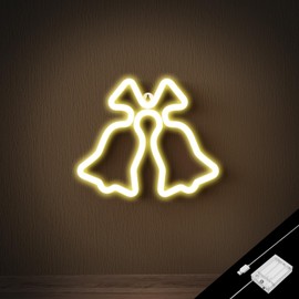 Ganrami Yellow Christmas Bell Neon Sign, USB & Battary Powered Christmas Lights Outdoor & Indoor, Christmas Party Decorations, Christmas Decorations for Bedroom, Living Room, Home