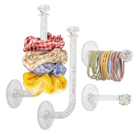 QUPIVA 4pcs Headband Holder Stand Scrunchie Organizer, Girls Hair Accessories Organizer Storage for Headband Hairband Hair Ties, Clear Glitter Adhesive Scrunchy Holder