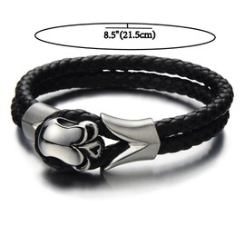 COOLSTEELANDBEYOND Gothic Biker Stainless Steel Mens Skull Bracelet Genuine Braided Leather Wristband Silver Black Two-tone(CA)