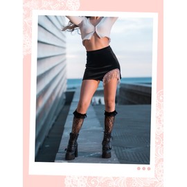 Geyoga 4 Pairs Women's Fishnet Knee High Stockings Lace Hollow out Women's Calf Socks Ankle Sheer Socks(Black,Floral Style)