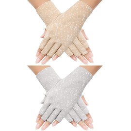 Maxdot 2 Pairs Women Sunblock Fingerless Gloves Summer Driving Gloves Girls Non Slip UV Protection Gloves for Outdoor (Grey,Khaki)