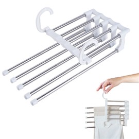 Deppiani Ganchos para Pantalones 5 en 1 Ideal para Ahorrar Espacio. Ganchos para Ropa. Organizador para Pantalones de Mujer y Hombre. Perchas para Ropa Multiple de Metal. Pants Hanger. (Blanco)