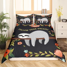 Duvet Cover Set, 135 x 200 cm, Cute Cartoon Sloth, Bedding Set for Children, Girls, Boys, Soft, Beautiful Animal, Plant, Flower Motifs, 1 Pillowcase