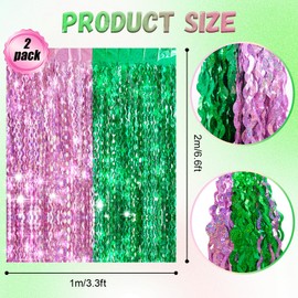 2 Pack Pink and Green Wave Shaped Shiny Foil Fringe Curtain Party Streamers Foil Curtain Backdrop Photo Booth Props for Birthday Baby Shower Witch Theme Decorations