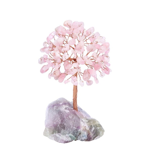 JOVIVI Rose Quartz Crystals Tree Money Feng Shui Gemstone Tree of Life Ornament With Fluorite Stone Stand For Good luck Wealth Chakra Stone Healing Crystals Tree Chirstmas Home Decoration Gifts