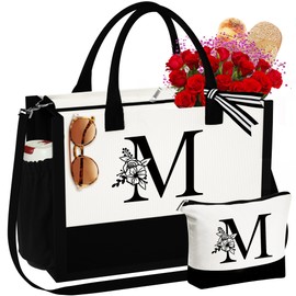 YOOLIFE Christmas Gifts for Women Mom - Initial Tote Bag for Women, Tote Beach Bag Mothers Day Graduation Birthday Gifts for Women Mom Her Gifts Travel Tote Bag Gifts for Friends Female Bridesmaid M