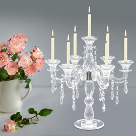 7 Arms Crystal Candle Holder, 14 Inch Candlestick, Table Crystal Candelabra Centerpiece, Candle Holders for Living Room, Dining Room, Bathroom, Kitchen, Nightstand Wedding Event and Party Festival