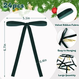 RICHMYC 24Pcs Christmas Velvet Bows for Tree, Green Christmas Tree Ornaments Vintage Ribbon Bows for Gift Wrapping Garland Wreath Treat Bag Candy Bags DIY Crafts Holiday Decor