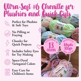 Chenillique XL Super Bulky Chenille Yarn – 100g Skein (88 Yards) + Safety Eyes + Free Plushie Pattern – Plush Polyester Yarn for Amigurumi, Crochet & Knitting - Cocoa Dust