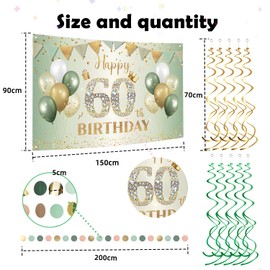 Sage Green 60th Birthday Decorations, Happy Birthday Banner with Photo Backdrop, Large Birthday Perfect for Birthday Party Decor and Green Balloons, Birthday Celebration, Photo Background Supplies
