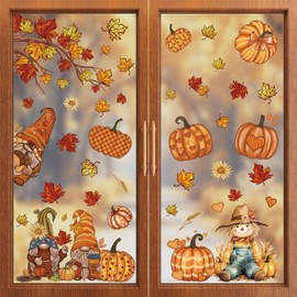 ZAWE 9 Sheets Fall Window Clings Gnomes Scarecrow Pumpkins Maple Leaves Double-Sided Window Decals Stickers for Autumn Thanksgiving Party Home Classroom Office Decorations