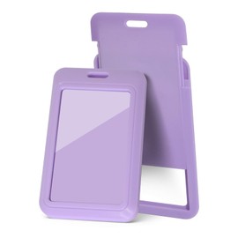 Ayzylpth 2 Pcs Sliding Vertical ID Badge Holder with Clear Badge Protectors, and Lightweight Hard Plastic Card Holders, Durable and Easy Access Design for ID Badges, Name Tags, and Access Cards,Purple