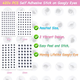 Googly Eyes Stickers - Self Adhesive Wiggle Eye Stickers for Crafts | Assorted Small Sizes 8mm 10mm 12mm 15mm | Easy Peel and Stick | 8 Sticky Sheets.