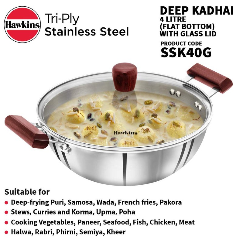 Hawkins 4 Litre Deep Kadhai, Triply Stainless Steel Kadai with