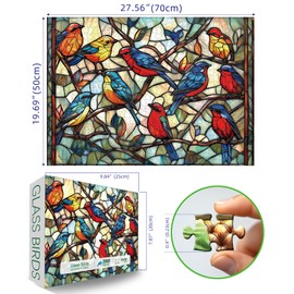 MINIWAN Stained Glass Birds 1000 Piece Puzzle for Adults - Challenging Vintage Window Art Jigsaw Puzzles, Family Game Night Activity, Finished Size 27.6 x 19.7 Inch
