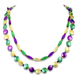 VOGUEKNOCK 2 Pack Mardi Gras Beads Necklaces Long Stone Crystal Beaded Mardi Gras Necklace Carnival Parade Party Holiday Costume Accessories, beads, stone