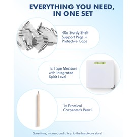 AntExpanse Shelf Brackets Complete Set [40 Pieces for 10 Shelves], Includes Tape Measure with Spirit Level & Pencil, Self-Tapping Floor Support Shelf Pins for Furniture, Cabinet & Bookcase