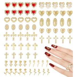 Gold Nail Charms,80Pcs Cross, Rose, Heart, Virgin Mary Nail Gems and Charms,Metal Alloy Nail Accessories for Manicure Design Decorations DIY Crafts (Gold A)