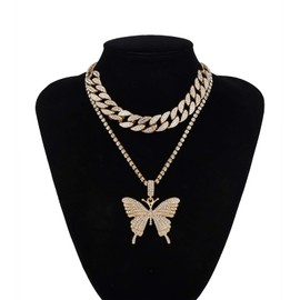 AILUOR Butterfly Cuban Link Necklace Set, Women Hip Hop Choker Pendant Necklace Chain Iced Out with Bling Rhinestones, Fashion Accessory for Hip Hop Lovers Women (Gold)