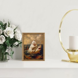 ICHZUMW Funny Cat Riding Shark Canvas Wall Art Framed, Quirky White Cat Portrait Picture Print, Humorous Unique Whimsical Animal Painting Wall Decor for Bathroom Restroom Living Room Bedroom, 8x10in