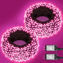 2 Pack Christmas Lights Outdoor, Total 200FT 600 LED Christmas Tree Lights with 8 Modes Waterproof, Green Wire String Lights for Outside Patio Yard Tree Wedding Holiday Decorations, Pink