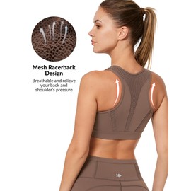 Yvette High Impact Zip Front Closure Sports Bras, Support for Large Bust Women, Supportive Comfortable,Coffee,S