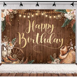 SVBright Western Cowgirl Birthday Backdrop 7Wx5H Pampas Grass Country Wild West Rustic Wooden Boho Flower Retro Boots Hat Farmhouse Decorations Photography Background Banner Photo Booth Studio