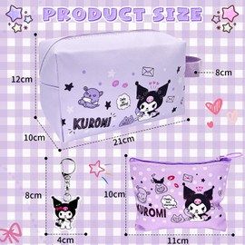 NlsqUK 3 Pcs Kuromi Makeup Bag Set with Purse Keychain, Waterproof Cute Purple Makeup Bag for Girls, Portable Travel Zippered Girls Wash Bag Gifts for Kids Women Teenagers