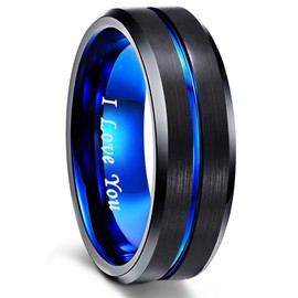 Greenpod 8mm Mens Black Tungsten Ring with Thin Blue Groove Beveled Edge Engraved I Love You Comfort Fit Size 13
