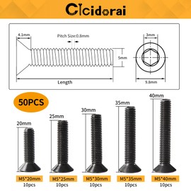 Cicidorai M5 x 20mm 25mm 30mm 35mm 40mm Flat Head Hex Socket Cap Screws Countersunk Bolts, 10.9 Grade Alloy Steel, Black Oxide Finish, Fully Threaded, Metric Allen Hex Drive, Assortment Kit 50Pcs