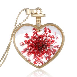 Pressed Flower Necklace for Women Dried Flower Necklace Heart Pendant Necklace Purple Red Green Flower Glass Necklace for Teen Girls Valentines Day Gift for Mom (Red)