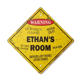 Ethan's Room Sign Vintage Crossing Zone Xing | Indoor/Outdoor Plastic | 12" Tall Rustic Kids Bedroom Decor Door Children's Name boy Girl
