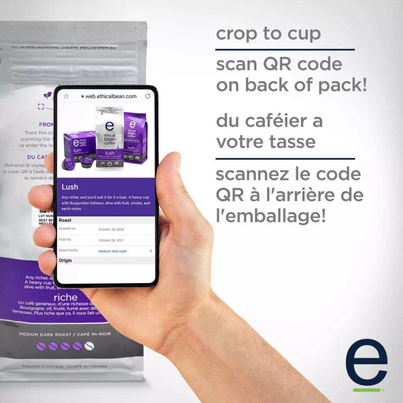 Ethical Bean Coffee Lush, Medium Dark Roast, Ground, 227g/8oz., Bag,