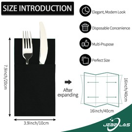 Servilletas de cena negras con bolsillo integrado para cubiertos, servilletas similares a tela, servilletas desechables de tacto de lino para cocina, baño, fiestas, bodas, cenas o eventos, 16 x 16 pulgadas, paquete de 50 unidades