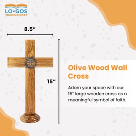15” Wooden Wall Cross – Genuine Harvested Olive Wood Cross for Wall from the Holy Land – Timeless Wooden Cross Wall Decor w/ Sculpted Metal Crown of Thorns – Unique Decorative Cross for All Décor