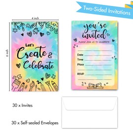 Tie Dye Birthday Party Invitations, 30PCS Double Sided Invite Cards with Envelopes, 4"x6" Art Painting Themed Birthday Party Invites for Girls Boys Teens