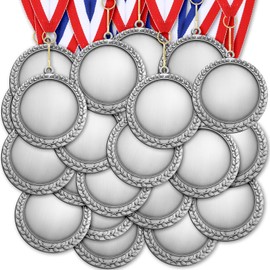 Sasylvia 60 Pieces Blank Award Medals with Neck Ribbons Create Your Own Medals Kit Cheer Medals Winner Medals Participation Trophy Metal Gifts for Adults Party(Antique Silver)