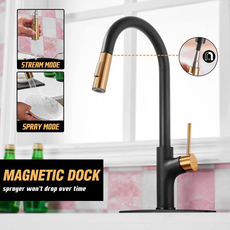 Achelous Black and Gold Kitchen Faucet with Pull Down Magnetic