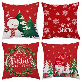 Christmas Pillow Covers 24x24 Set of 4 Velvet Christmas Pillow Cases Red Xmas Winter Holiday Throw Pillow Covers Christmas Tree Gnome Snowman Cushion Covers for Outdoor Home Bed Sofa Couch(24 Inch)