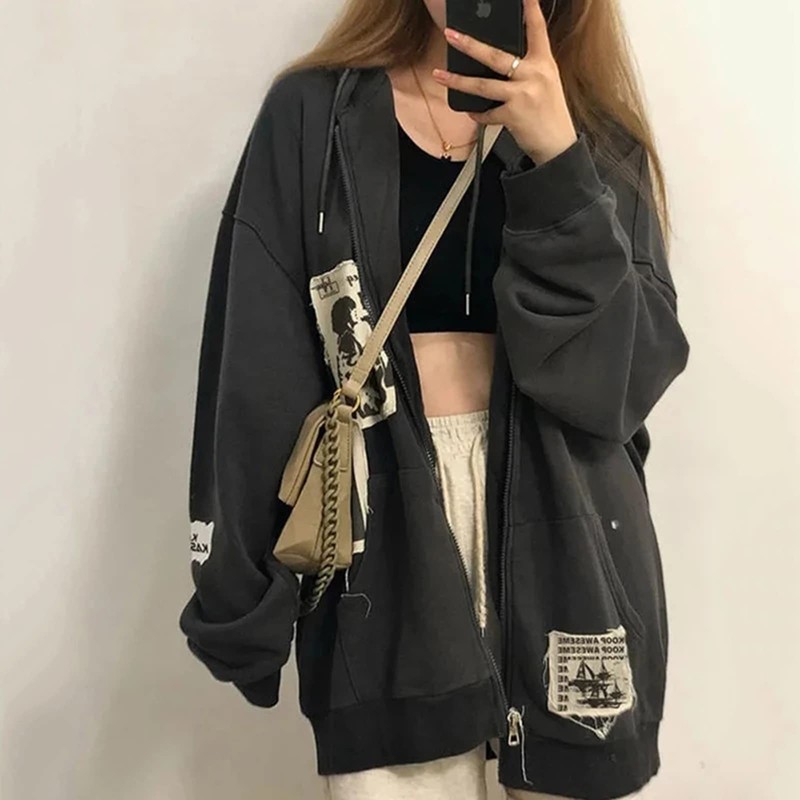 Alt Emo Clothes Women Oversized Zip Up Hoodies Rhinestone Y2k