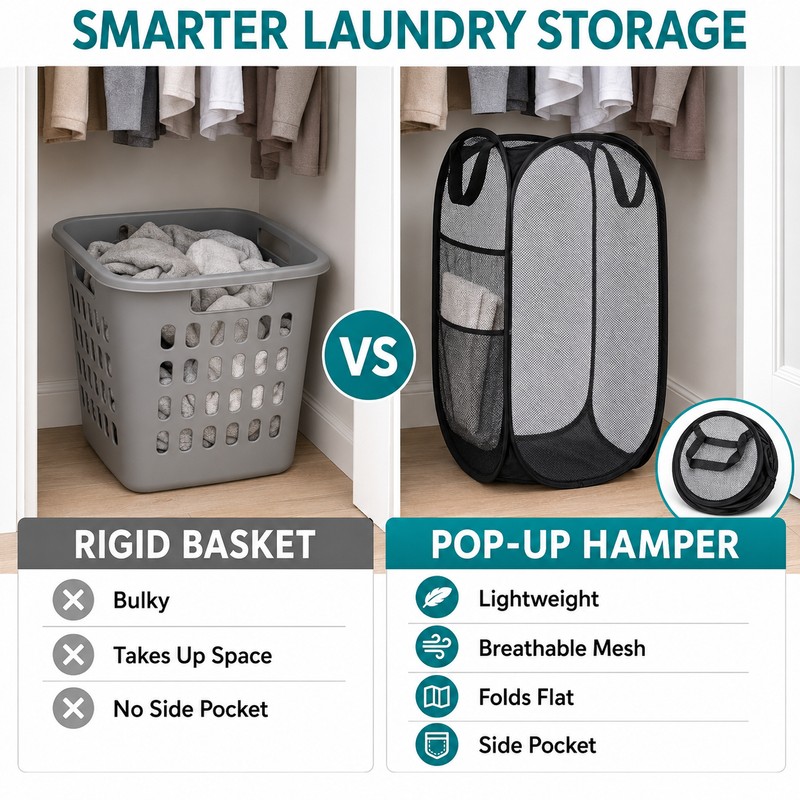 Collapsible Mesh Pop Up Laundry Hamper with Handles & Side