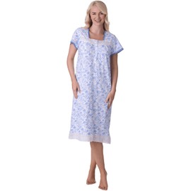 Camille Lightweight 100% Cotton Ladies Nightdress – Short Sleeve Floral Nighties for Women - Lace Accents, Square Neck & Button Fastening Summer Womens Nightwear Aqua 14-16