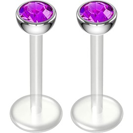 2pc 16g 1.2mm Amethyst CZ Bioplast Labret Bar Flexible Lip Stud Clear BioFlex Hypoallergenic Jewellery 8mm