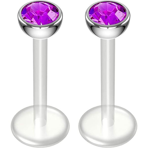 2pc 16g 1.2mm Amethyst CZ Bioplast Labret Bar Flexible Lip