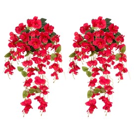 Fake Hibiscus Artificial Hanging Flowers Plants for Outdoors Spring Decoration, 2pcs Silk Hibiscus Vines Realistic UV Resistant Red Faux Flowers for Outside Planter Porch Patio Yard Home Wedding Party