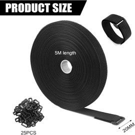 Velcro Straps 0.8 inch Wide, Nylon Cable Straps with 25 Buckles 0.8"x16ft, Hook and Loop Free Cut Length, Reusable Fastening Small Ties for Wire Management Cord Organizer, Black