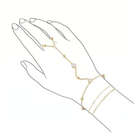 BELLA-Bee Hand Chain Bracelets for Women, 18K Gold Plated Stainless Steel Dainty Cubic Zirconia Ring Bracelet Hand Chain, Adjustable Finger Bracelet Jewelry for Daily Wear Prom (Heart)