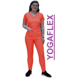 ANGIE UNIFORMS YOGAFLEX Jogger Scrubs for Women Set. Regular and PETITE. Side Spandex 2 Pockets Top with Yoga Waist Joggers. PETA410 (CORAL, XS PET)